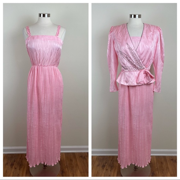 ILGWU Dresses & Skirts - Vintage ILGWU Pink Beaded Pleated Jacket Dress Gown Women Size 12 Made In USA